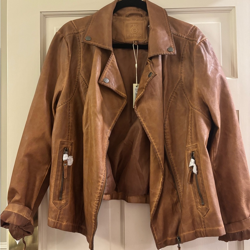 Max Studio Cognac faux Leather Moto Jacket